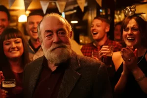 An older man standing in a crowd in a pub celebrating his 80th birthday party milestone