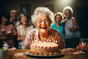 An elderly woman sitting at a table with a cake with candles in front of her celebrating her 90th birthday party milestone