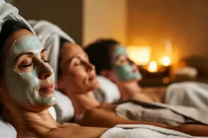 Three middle aged women laying on massage tables for a spa day treatment for a birthday party experience