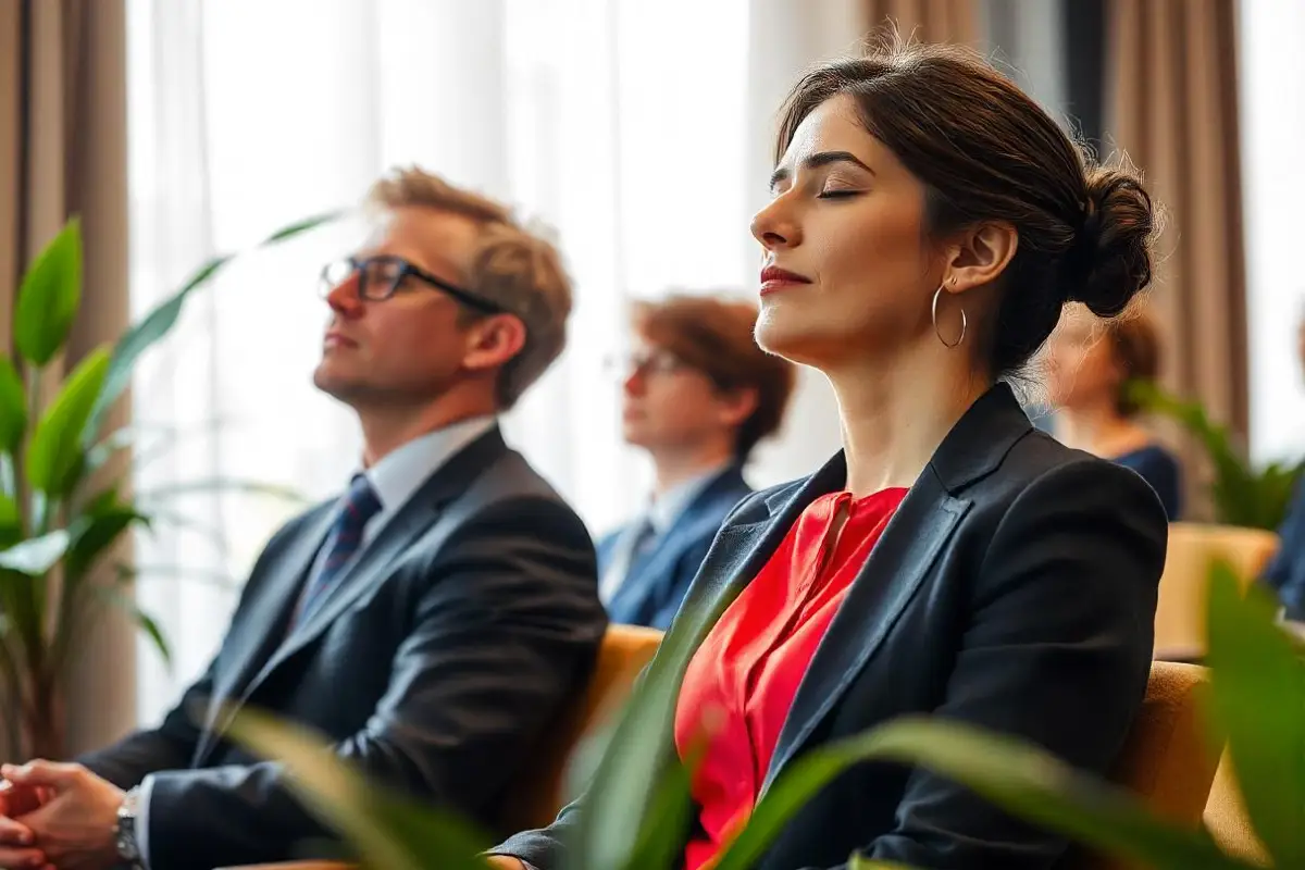 A group of business people sitting in rows in a conference centre with their eyes closed and peaceful expressions on their faces during a mindfulness workshop corporate event