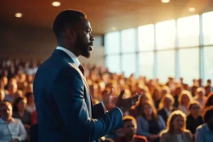 A motivational speaker giving a speech to a large auditorium of people for an onsite corporate event in a conference venue