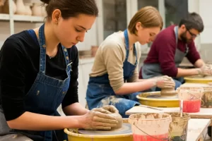 A group of 3 adults each using pottery wheels in a pottery class