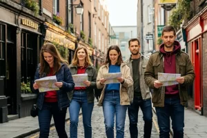 A group of 5 adults walking on a city street with maps in their hands taking part in a group treasure hunt activity