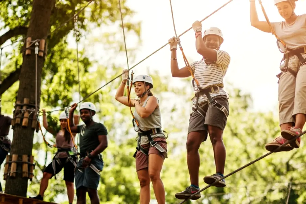 A group of 5 adults on harnesses completing a high ropes course up in the trees of a forested area