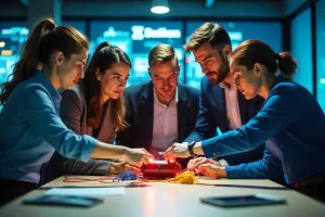 A group of colleagues standing around a fake toy bomb with coloured lights and wires coming out of it and they're inspecting it to defuse it for their team bonding activity