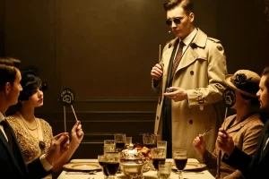 A group of friends at a birthday dinner where they're dressed up in vintage costumes and playing a murder mystery dinner party activity