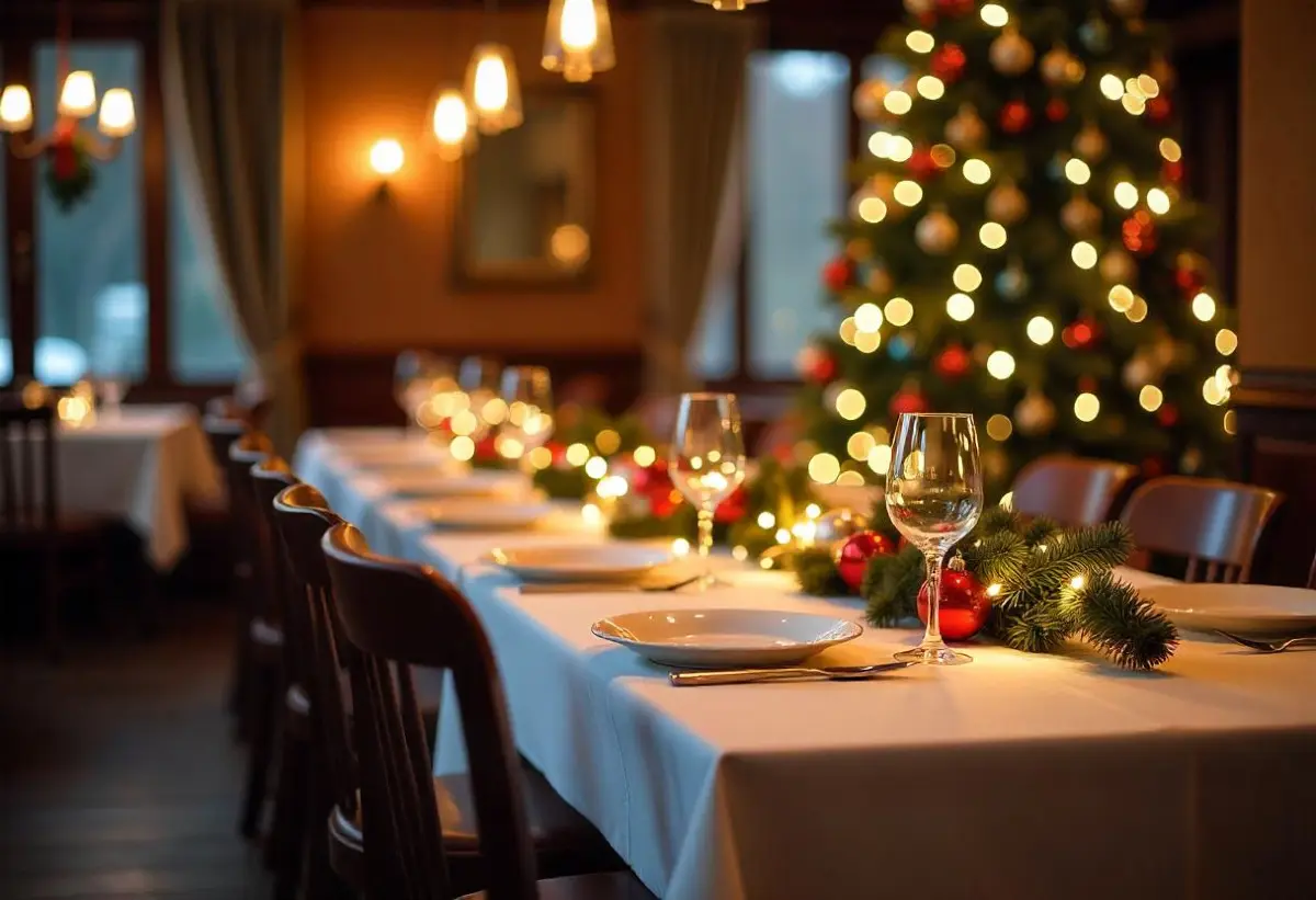 A decorated restaurant for an office Christmas party dinner as an end of year celebration