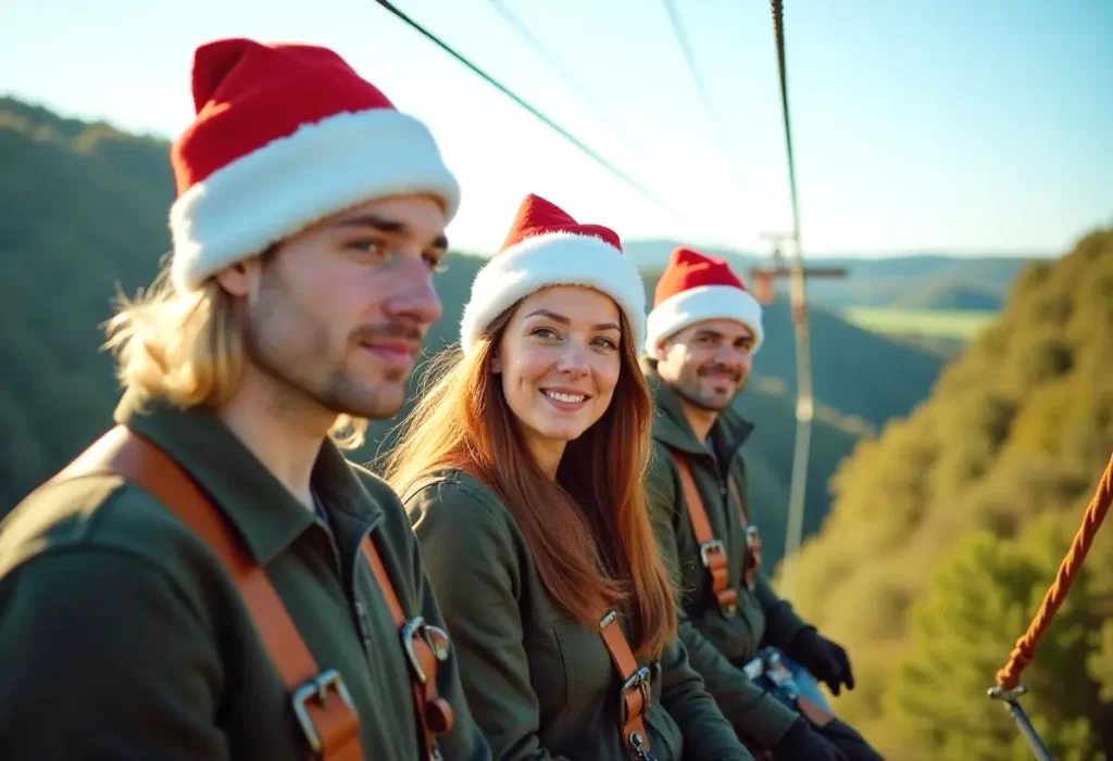 3 Colleagues on a zip trail wire for their office christmas party activities