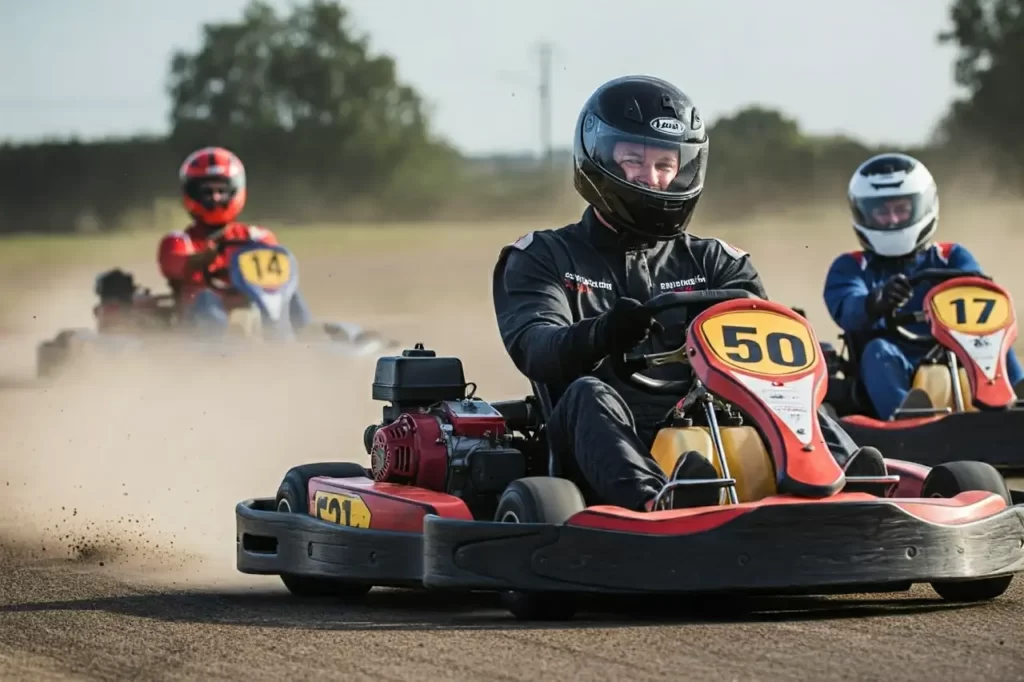 A group of colleagues doing outdoor go karting for their work social ideas