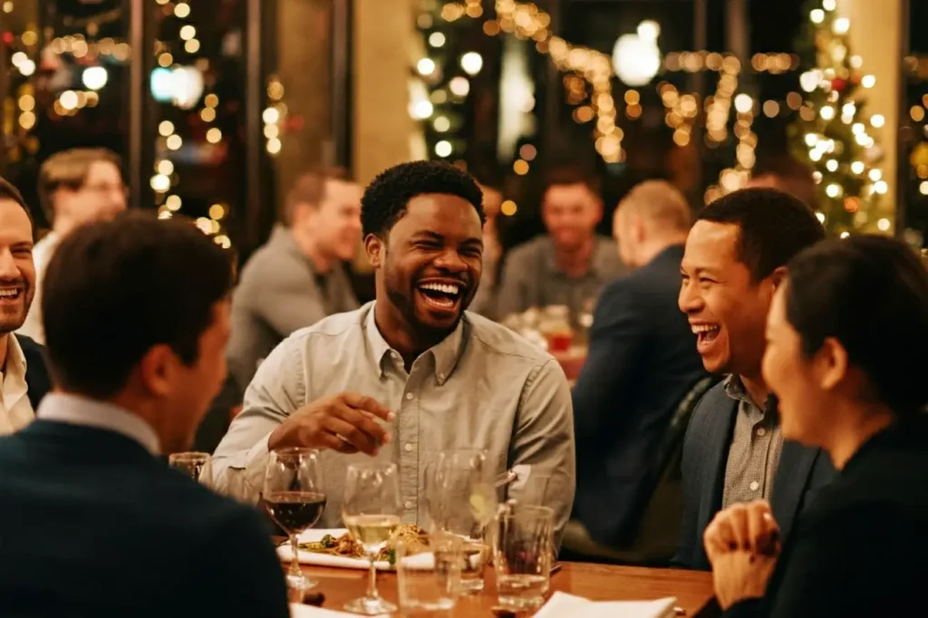 A group of colleagues out for dinner for their last minute work Christmas party ideas