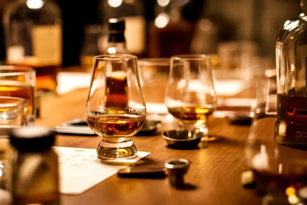 Whiskey in glasses on a table for last minute work Christmas party ideas