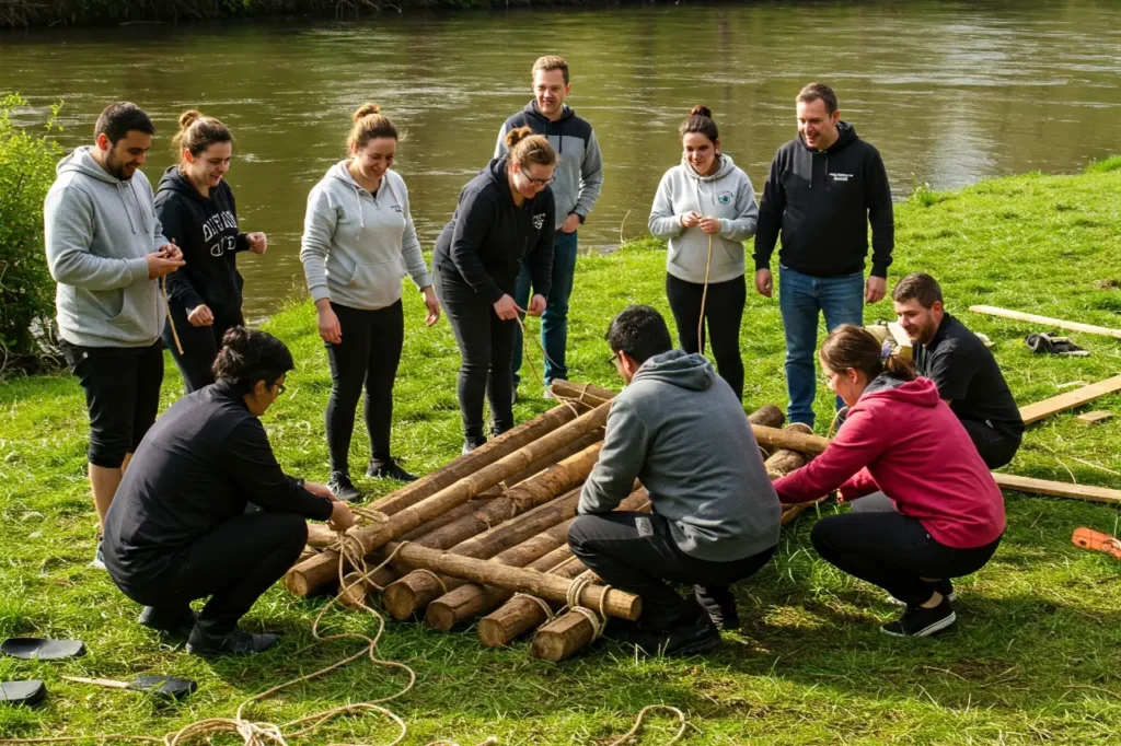 A group of colleagues doing a raft building challenge for their outdoor team building activities