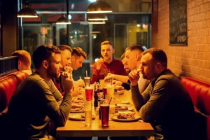 Stag parties group having diner