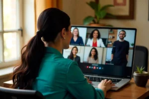 A woman sitting at a laptop at home for virtual team building activities for remote teams