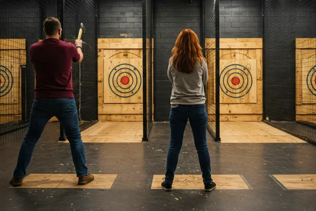 Two people doing axe throwing for birthday activities for adults