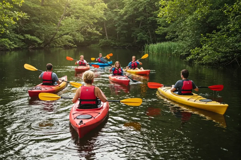 A group of adults kayaking on a river for a mature birthday party activity idea