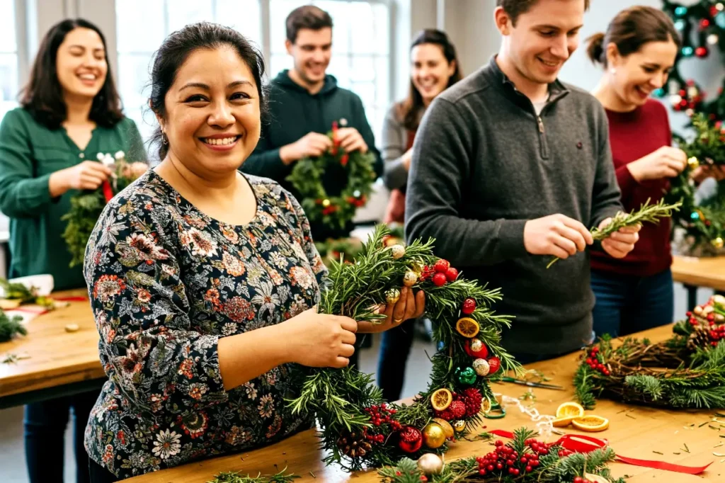 Colleagues taking part in a Christmas wreath making workshop for team building ideas for Christmas