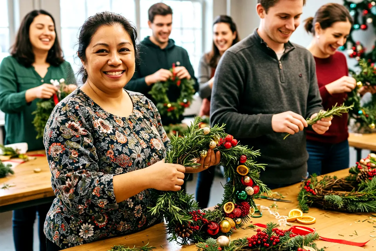 Colleagues taking part in a Christmas wreath making workshop for team building ideas for Christmas