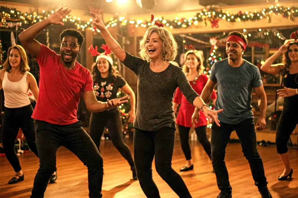 A group of colleagues in a dance class for their team building ideas for Christmas