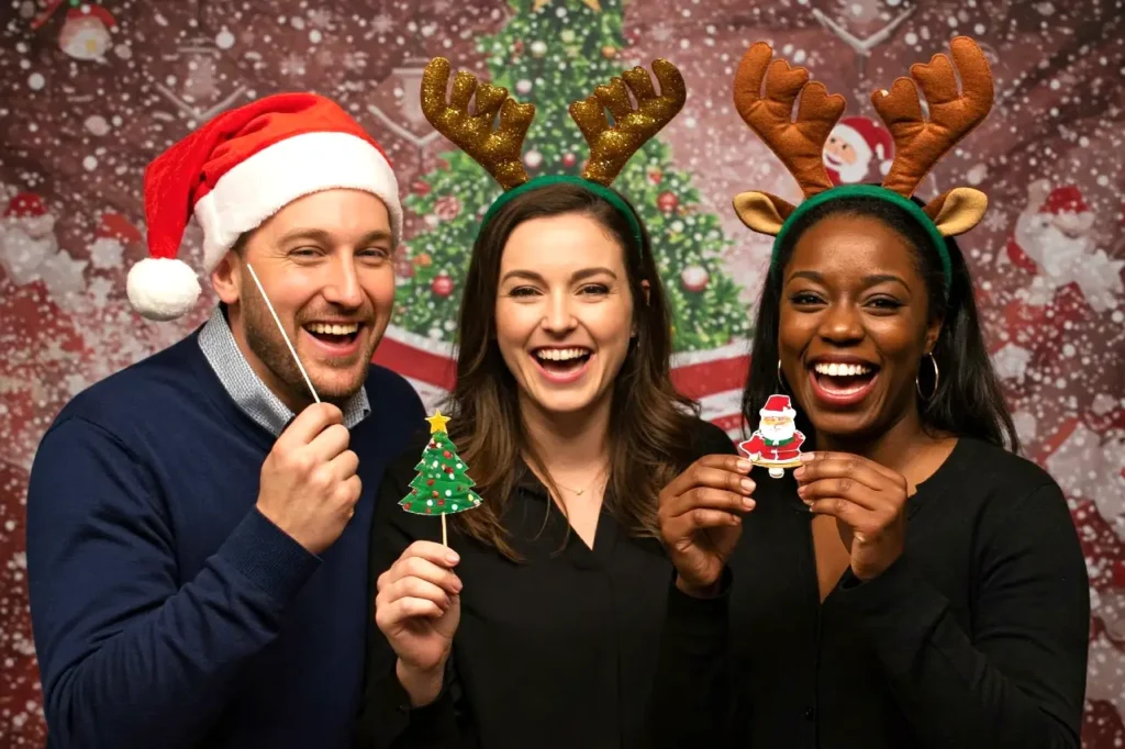 Photobooth with colleagues as a work Christmas party idea
