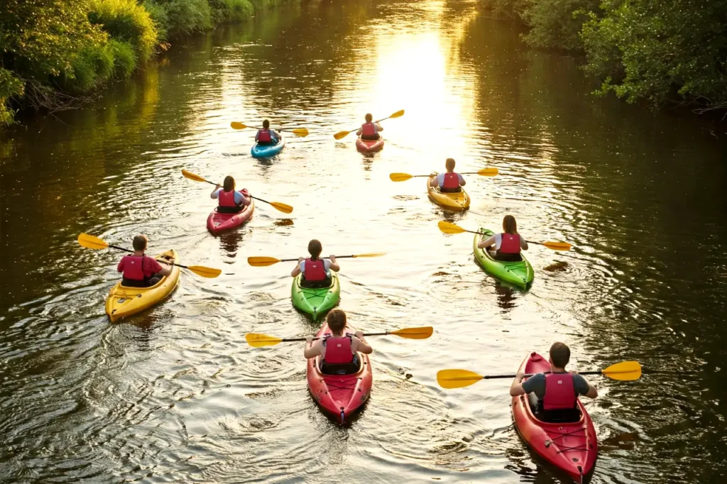A large group of adult colleague kayaking down a river for their company away days