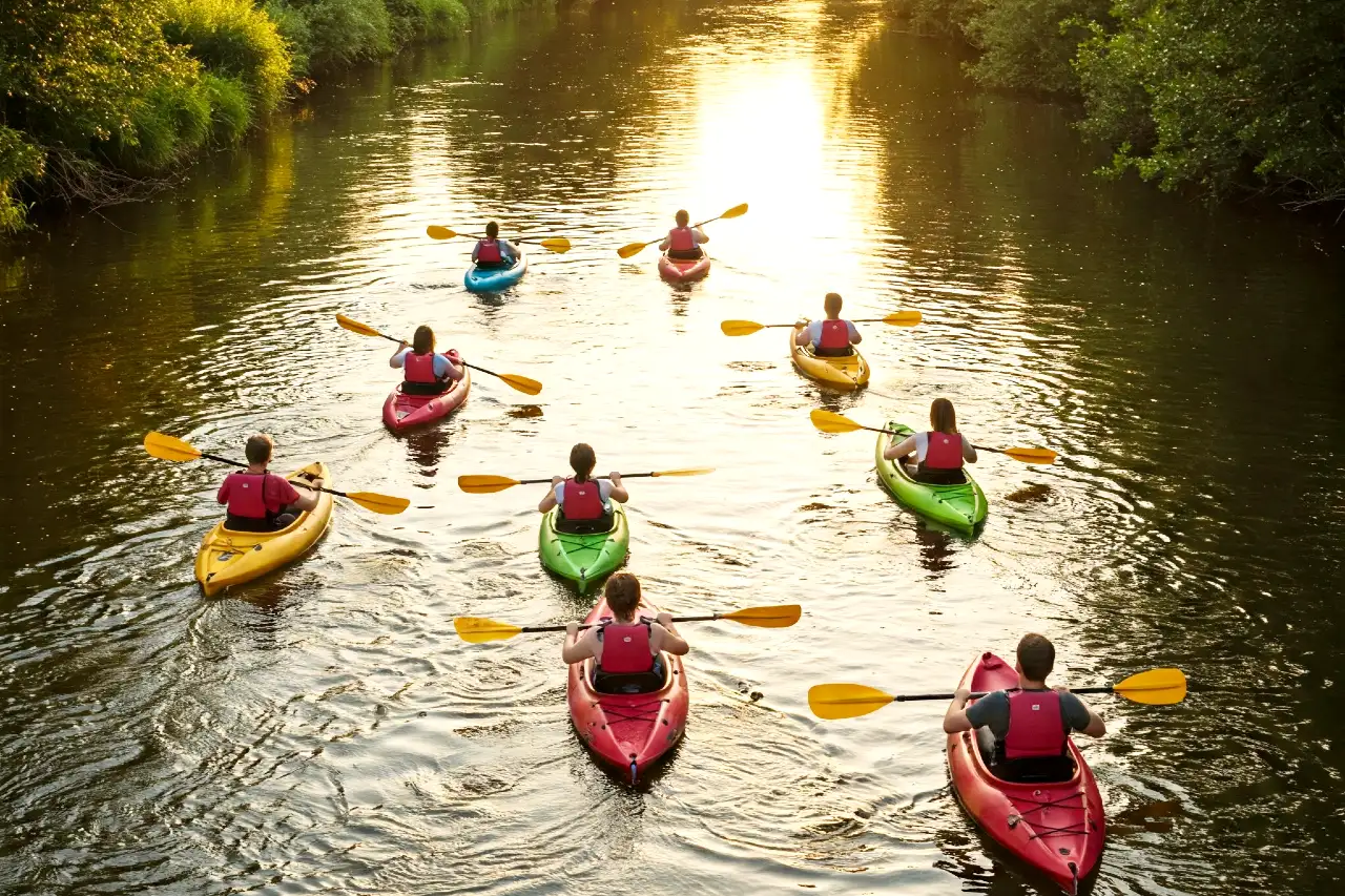 A large group of adult colleague kayaking down a river for their company away days