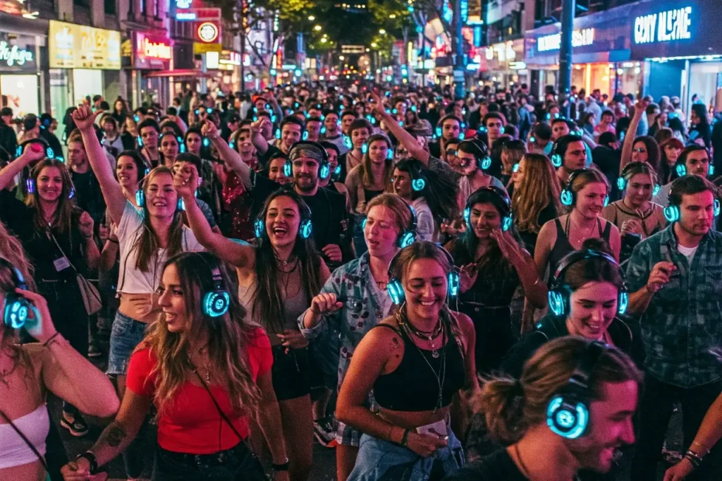 A large group of adults on a city street wearing headphones for a silent disco party for an adult birthday activity idea