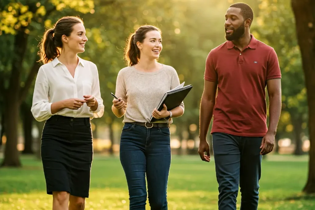 Three colleagues walking outside in a park for their staff wellbeing ideas
